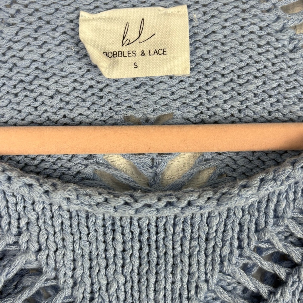 Bobbles & Lace Crocheted Baby Blue Cropped Chunky Sweater Bell Sleeves - Picture 7 of 8